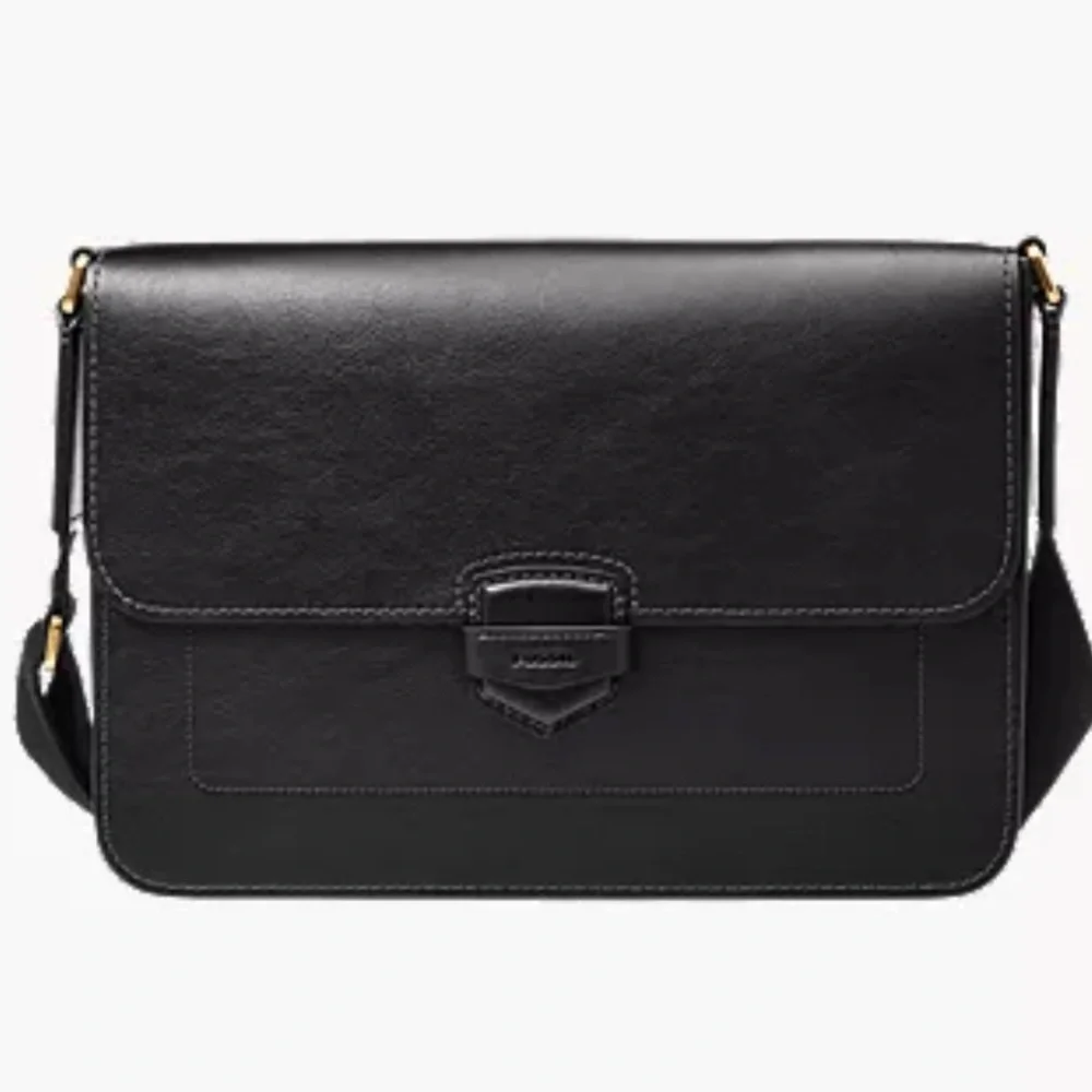 Fossil Lennox Black Leather Messenger Laptop Bag NWT